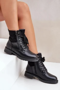 Evento Botki Ocieplane|Botki Sznurowane*Ocieplane Botki Na Płaskim Obcasie Eko Skórzane Czarne Naoise