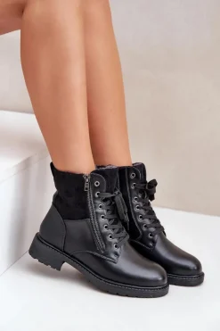 Evento Botki Ocieplane|Botki Sznurowane*Ocieplane Botki Na Płaskim Obcasie Eko Skórzane Czarne Naoise