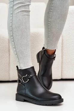 Hot Boto Ocieplane Botki Na Płaskim Obcasie Z Ozdobnym Paskiem Czarne Calzina