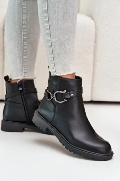 Hot Boto Ocieplane Botki Na Płaskim Obcasie Z Ozdobnym Paskiem Czarne Calzina