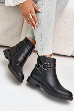 Hot Boto Ocieplane Botki Na Płaskim Obcasie Z Ozdobnym Paskiem Czarne Calzina