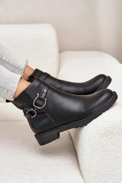 Hot Boto Ocieplane Botki Na Płaskim Obcasie Z Ozdobnym Paskiem Czarne Calzina