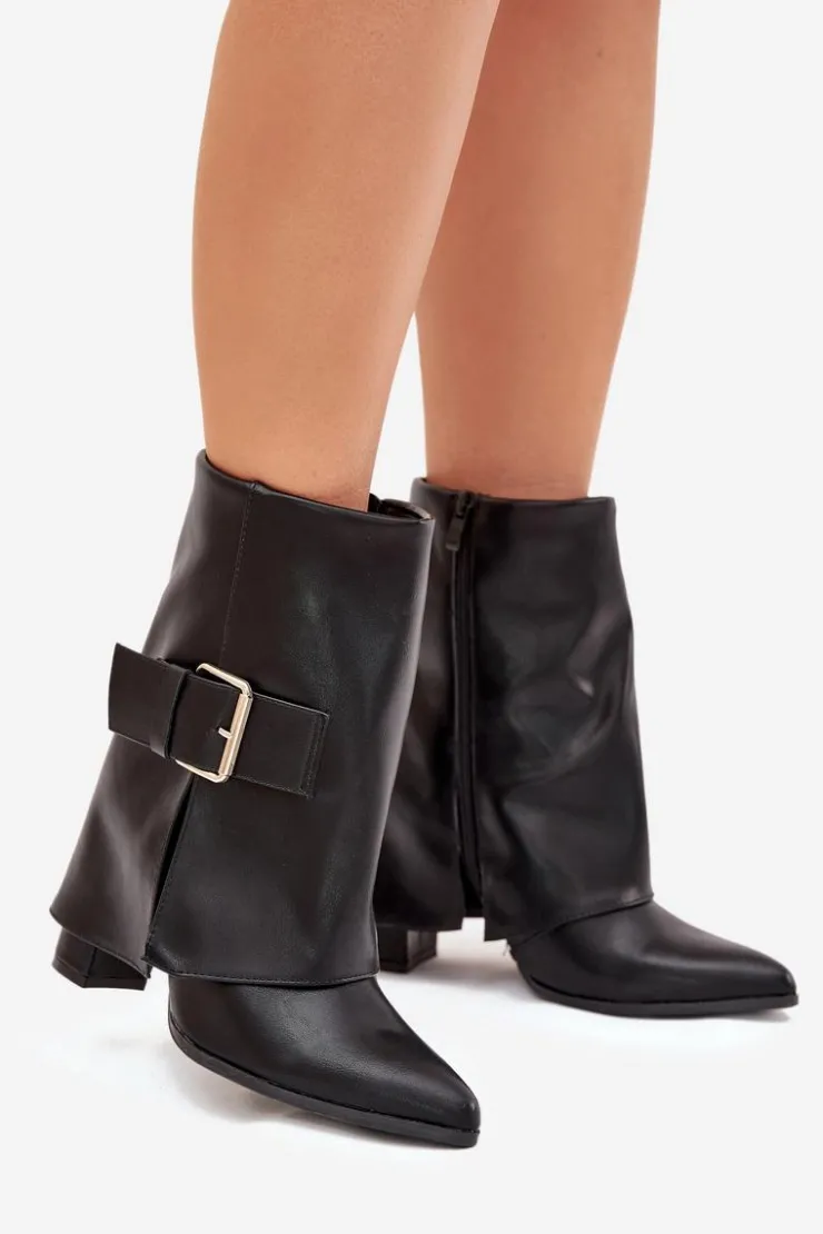 Boto Botki Ocieplane|Botki Na Obcasie*Ocieplane Botki Na Słupku Z Wywiniętą Cholewką I Złotą Klamrą Czarne Ylenara Czarny