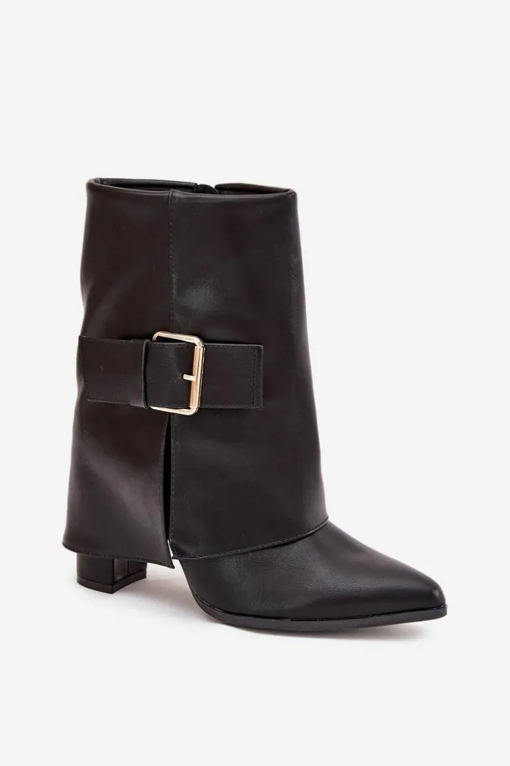 Boto Botki Ocieplane|Botki Na Obcasie*Ocieplane Botki Na Słupku Z Wywiniętą Cholewką I Złotą Klamrą Czarne Ylenara Czarny