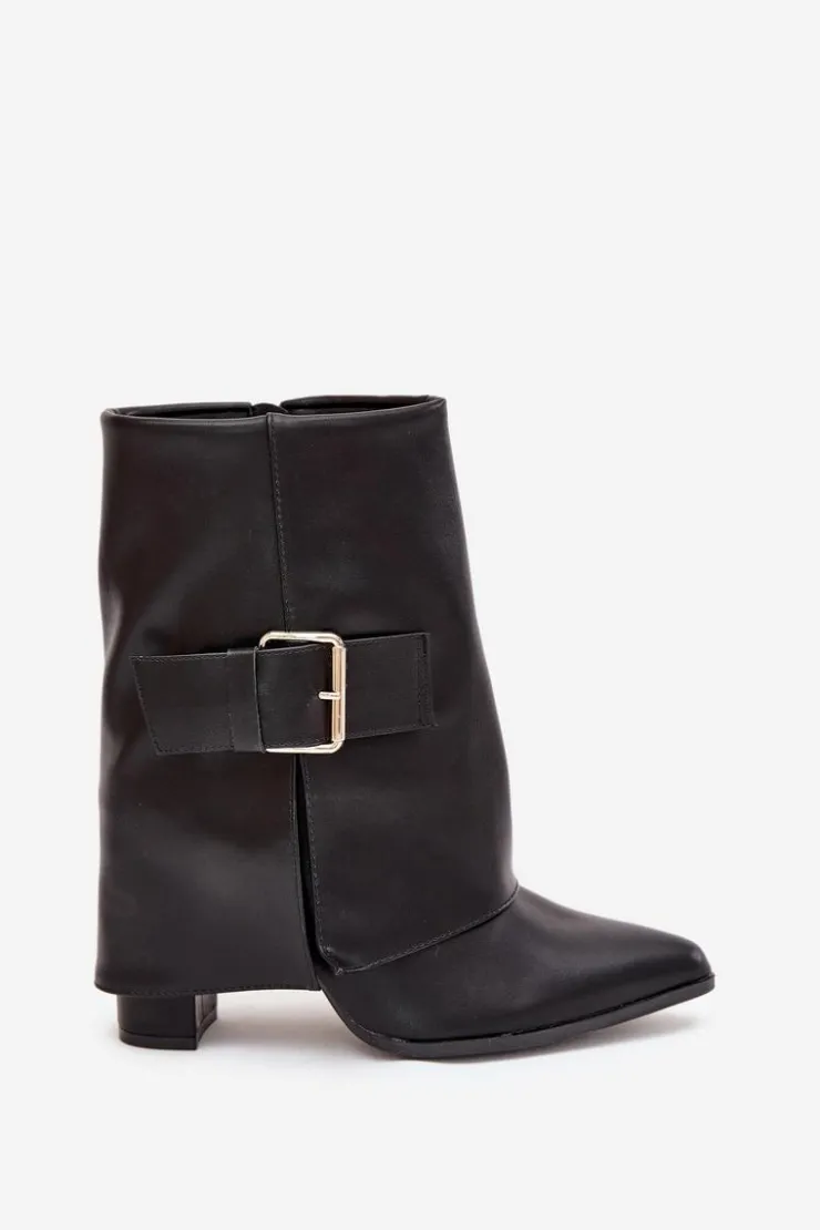 Boto Botki Ocieplane|Botki Na Obcasie*Ocieplane Botki Na Słupku Z Wywiniętą Cholewką I Złotą Klamrą Czarne Ylenara Czarny