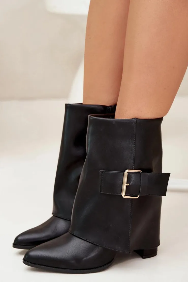 Boto Botki Ocieplane|Botki Na Obcasie*Ocieplane Botki Na Słupku Z Wywiniętą Cholewką I Złotą Klamrą Czarne Ylenara Czarny