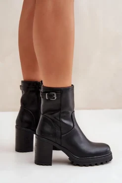 Damskie Boto Ocieplane Botki Na Słupku Z Klamrą Czarne Selavia