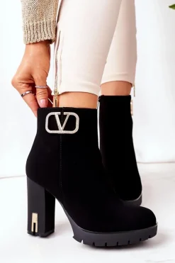 Damskie Boto Ocieplane Botki Na Słupku Czarne Wonderful