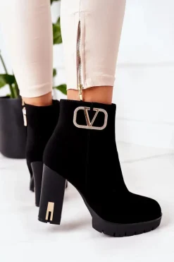 Damskie Boto Ocieplane Botki Na Słupku Czarne Wonderful