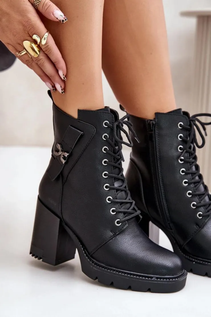 Boto Botki Ocieplane|Botki Na Obcasie*Ocieplane Botki Na Słupku Ze Złotym Detalem Czarne Ivarisse Czarny