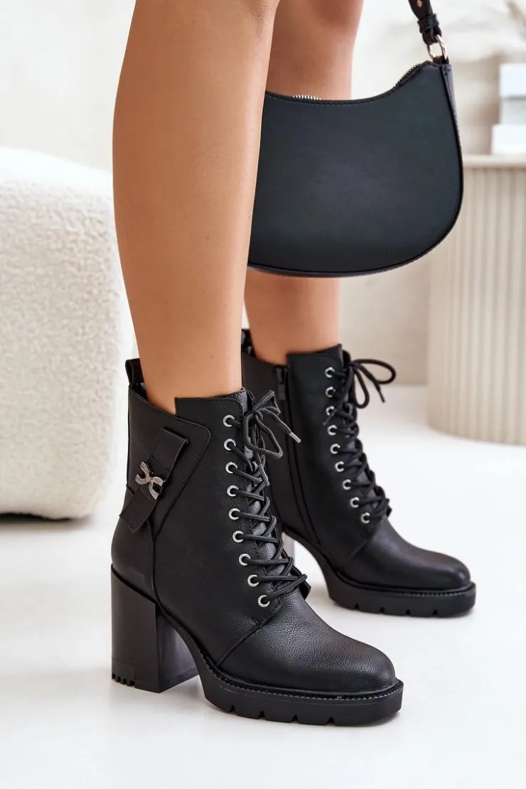 Boto Botki Ocieplane|Botki Na Obcasie*Ocieplane Botki Na Słupku Ze Złotym Detalem Czarne Ivarisse Czarny