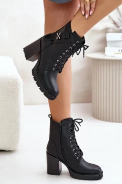 Boto Botki Ocieplane|Botki Na Obcasie*Ocieplane Botki Na Słupku Ze Złotym Detalem Czarne Ivarisse Czarny