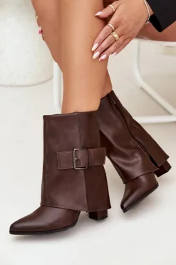 Clearance Boto Ocieplane Botki Na Słupku Z Wywiniętą Cholewką I Klamrą Brązowe Ylenara