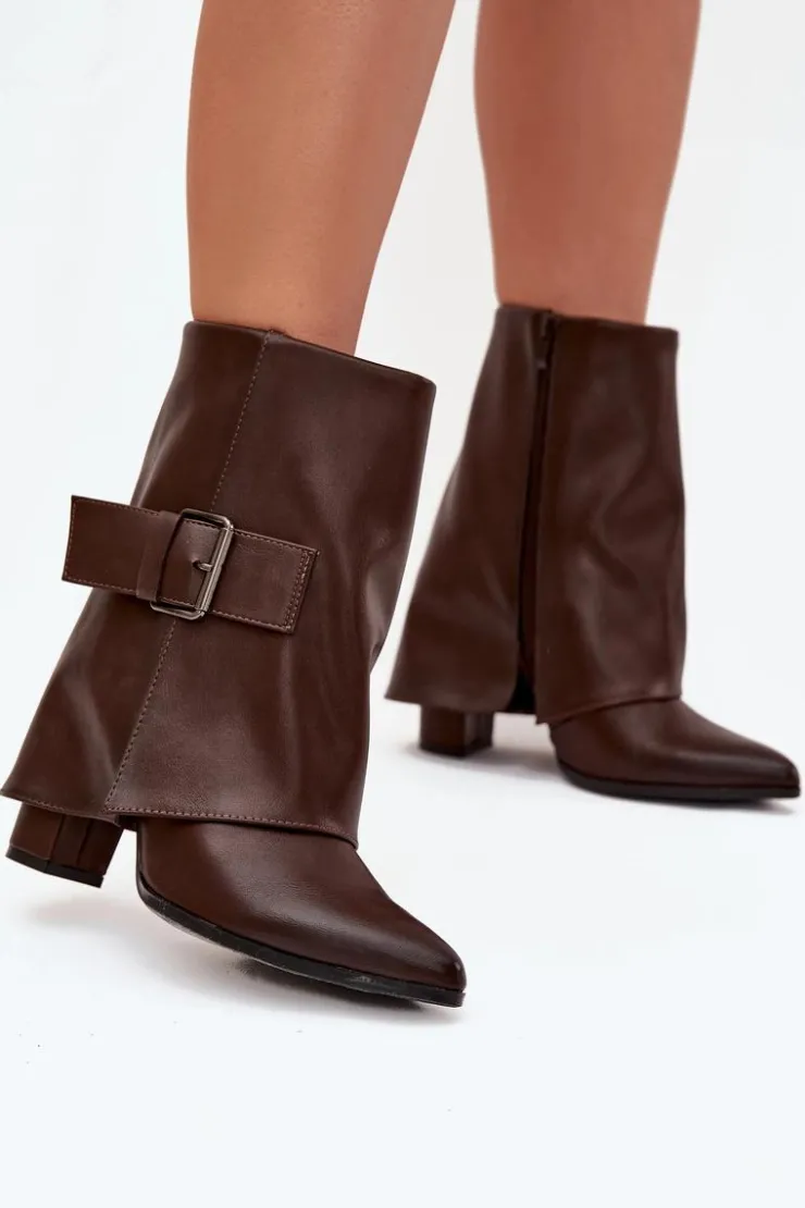 Clearance Boto Ocieplane Botki Na Słupku Z Wywiniętą Cholewką I Klamrą Brązowe Ylenara