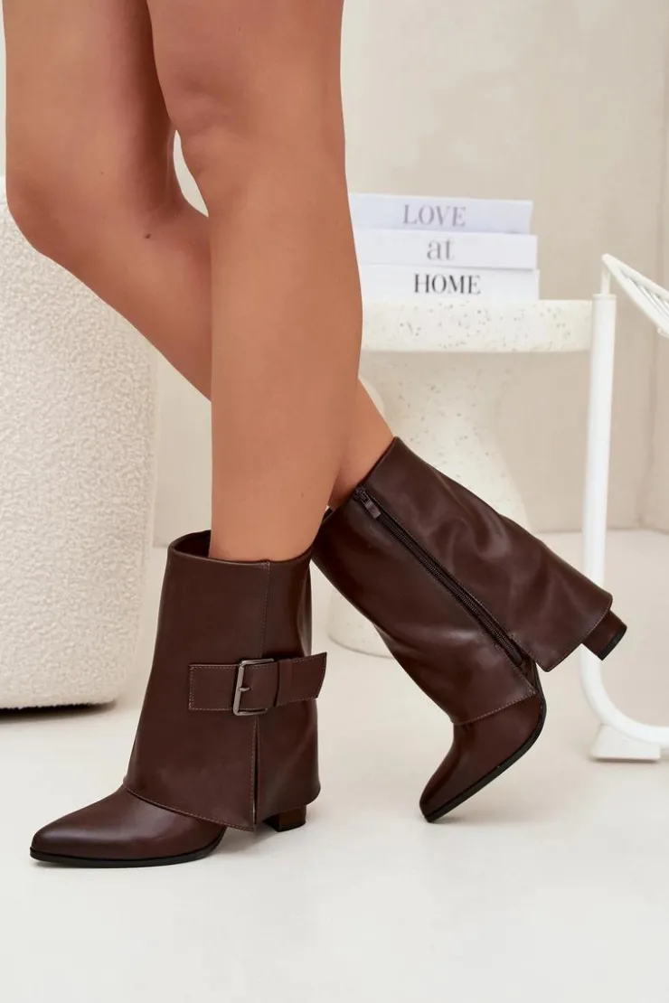Clearance Boto Ocieplane Botki Na Słupku Z Wywiniętą Cholewką I Klamrą Brązowe Ylenara