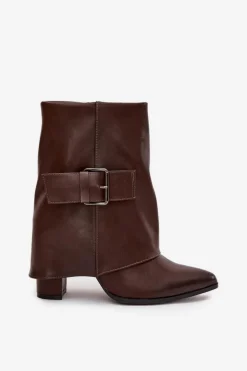 Clearance Boto Ocieplane Botki Na Słupku Z Wywiniętą Cholewką I Klamrą Brązowe Ylenara