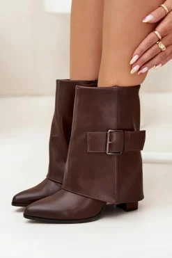 Clearance Boto Ocieplane Botki Na Słupku Z Wywiniętą Cholewką I Klamrą Brązowe Ylenara