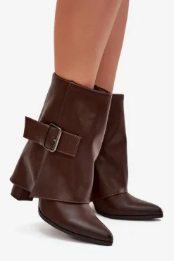 Clearance Boto Ocieplane Botki Na Słupku Z Wywiniętą Cholewką I Klamrą Brązowe Ylenara