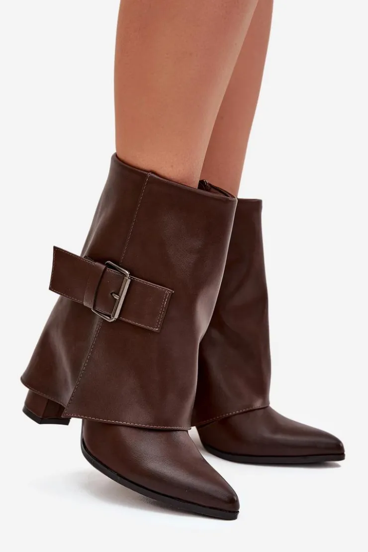 Clearance Boto Ocieplane Botki Na Słupku Z Wywiniętą Cholewką I Klamrą Brązowe Ylenara