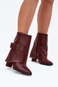 Damskie Boto Ocieplane Botki Na Słupku Z Wywiniętą Cholewką I Klamrą Bordowe Ylenara