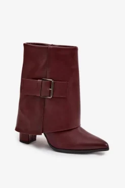 Damskie Boto Ocieplane Botki Na Słupku Z Wywiniętą Cholewką I Klamrą Bordowe Ylenara