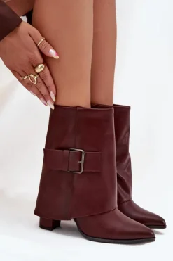 Damskie Boto Ocieplane Botki Na Słupku Z Wywiniętą Cholewką I Klamrą Bordowe Ylenara