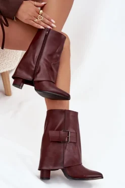 Damskie Boto Ocieplane Botki Na Słupku Z Wywiniętą Cholewką I Klamrą Bordowe Ylenara