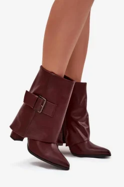 Damskie Boto Ocieplane Botki Na Słupku Z Wywiniętą Cholewką I Klamrą Bordowe Ylenara