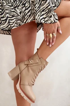 Discount Boto Ocieplane Botki Na Słupku Ze Złotym Detalem Beżowe Ivarisse Beżowy