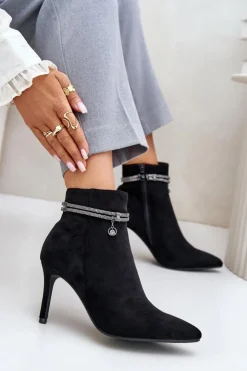 Damskie Buty damskie Vinceza Ocieplane Botki Na Szpilce Z Ozdobnym Paskiem Eko Zamszowe Vinceza 16469 Czarne