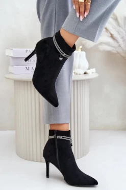 Damskie Buty damskie Vinceza Ocieplane Botki Na Szpilce Z Ozdobnym Paskiem Eko Zamszowe Vinceza 16469 Czarne