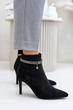 Damskie Buty damskie Vinceza Ocieplane Botki Na Szpilce Z Ozdobnym Paskiem Eko Zamszowe Vinceza 16469 Czarne