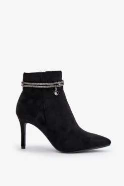 Damskie Buty damskie Vinceza Ocieplane Botki Na Szpilce Z Ozdobnym Paskiem Eko Zamszowe Vinceza 16469 Czarne