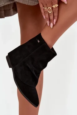 Sale Boto Ocieplane Botki Na Ukrytym Koturnie Z Wywiniętą Cholewką Eko Zamszowe Czarne Tavella Czarny