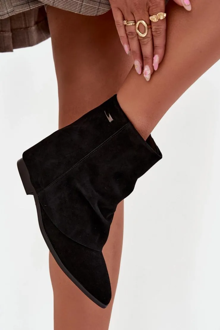 Sale Boto Ocieplane Botki Na Ukrytym Koturnie Z Wywiniętą Cholewką Eko Zamszowe Czarne Tavella Czarny