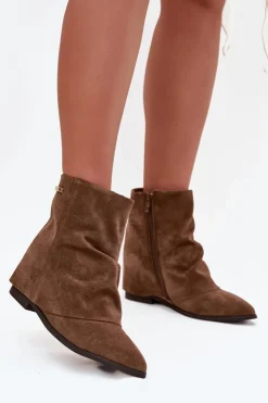 Damskie Boto Ocieplane Botki Na Ukrytym Koturnie Z Wywiniętą Cholewką Eko Zamszowe Brązowe Tavella