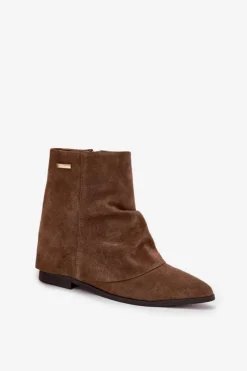 Damskie Boto Ocieplane Botki Na Ukrytym Koturnie Z Wywiniętą Cholewką Eko Zamszowe Brązowe Tavella