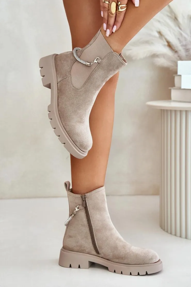 Outlet Boto Ocieplane Botki Sztyblety Na Zamek Z Ozdobnym Paskiem Beżowe Labenne