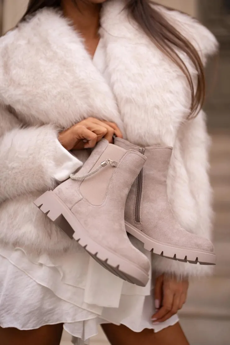 Outlet Boto Ocieplane Botki Sztyblety Na Zamek Z Ozdobnym Paskiem Beżowe Labenne