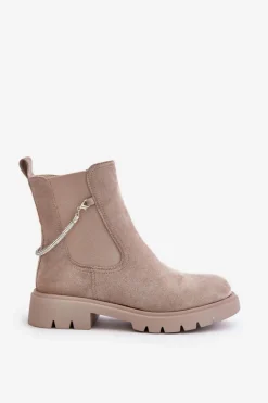 Outlet Boto Ocieplane Botki Sztyblety Na Zamek Z Ozdobnym Paskiem Beżowe Labenne