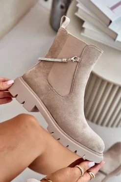 Outlet Boto Ocieplane Botki Sztyblety Na Zamek Z Ozdobnym Paskiem Beżowe Labenne