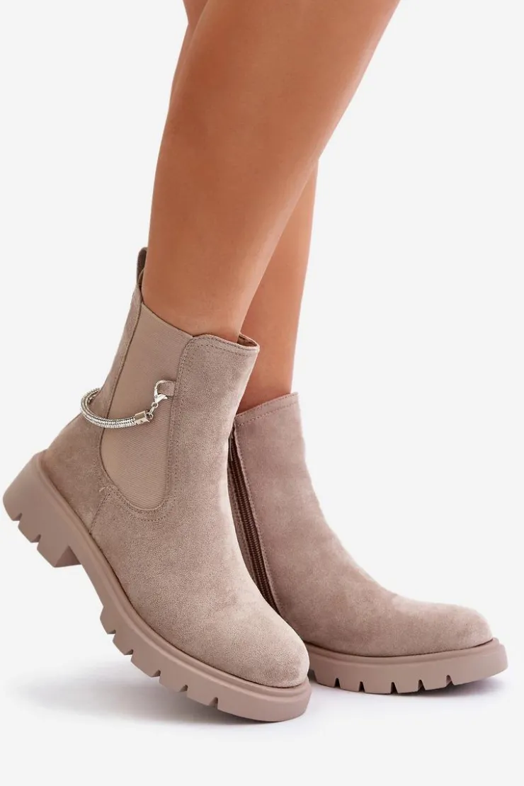 Outlet Boto Ocieplane Botki Sztyblety Na Zamek Z Ozdobnym Paskiem Beżowe Labenne