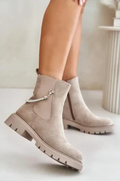 Outlet Boto Ocieplane Botki Sztyblety Na Zamek Z Ozdobnym Paskiem Beżowe Labenne