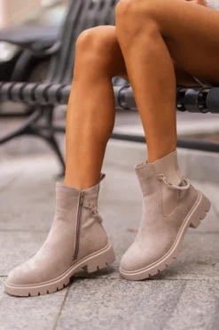 Outlet Boto Ocieplane Botki Sztyblety Na Zamek Z Ozdobnym Paskiem Beżowe Labenne