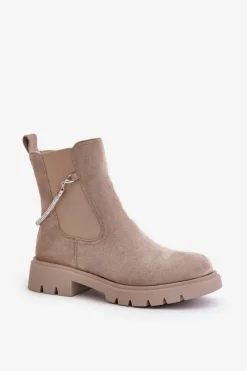 Outlet Boto Ocieplane Botki Sztyblety Na Zamek Z Ozdobnym Paskiem Beżowe Labenne