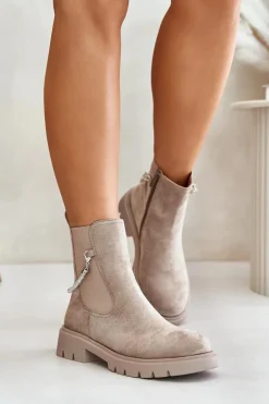Outlet Boto Ocieplane Botki Sztyblety Na Zamek Z Ozdobnym Paskiem Beżowe Labenne
