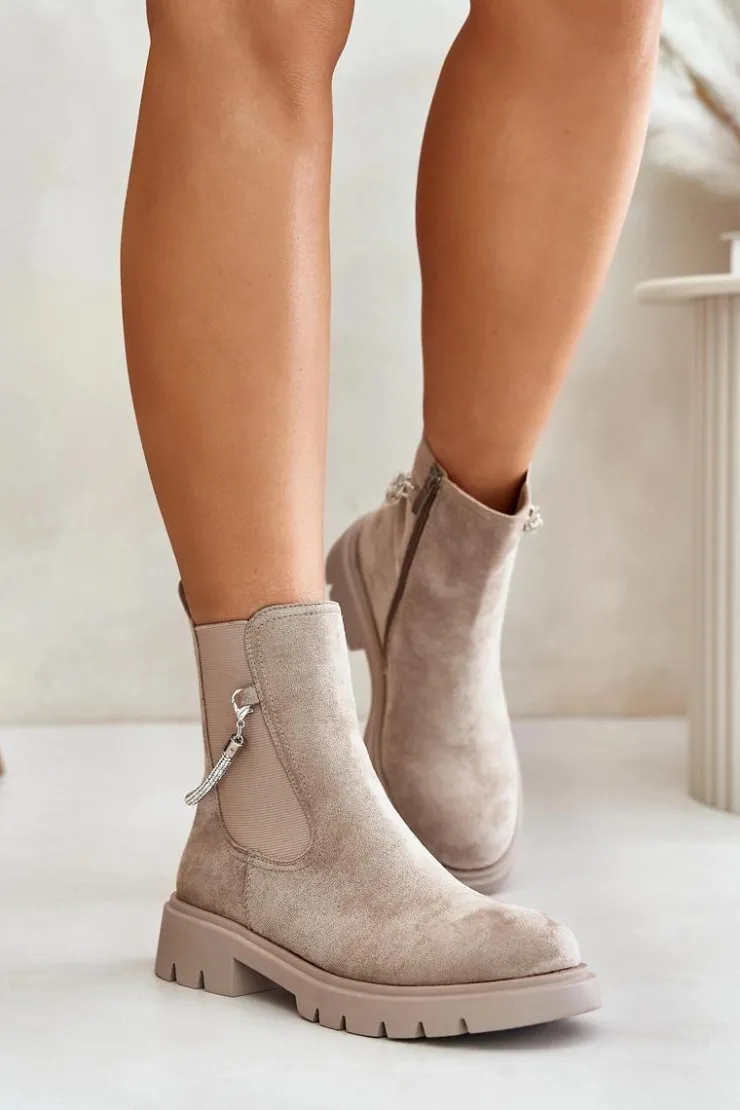 Outlet Boto Ocieplane Botki Sztyblety Na Zamek Z Ozdobnym Paskiem Beżowe Labenne