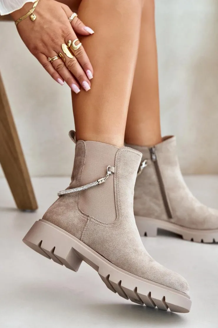 Outlet Boto Ocieplane Botki Sztyblety Na Zamek Z Ozdobnym Paskiem Beżowe Labenne