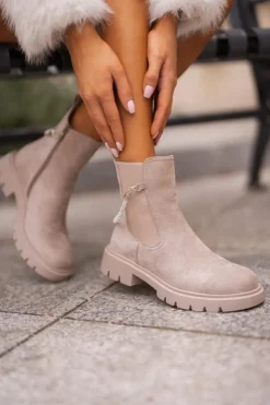 Outlet Boto Ocieplane Botki Sztyblety Na Zamek Z Ozdobnym Paskiem Beżowe Labenne