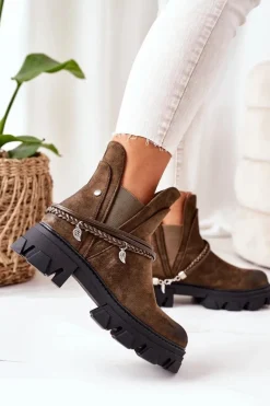 Damskie Boto Ocieplane Botki Sztyblety Ciemnozielone Good Idea